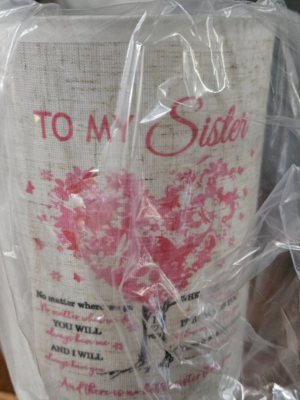 To my Sister Hearts quote table lamp cylinder fabric shade, wood base , corded.